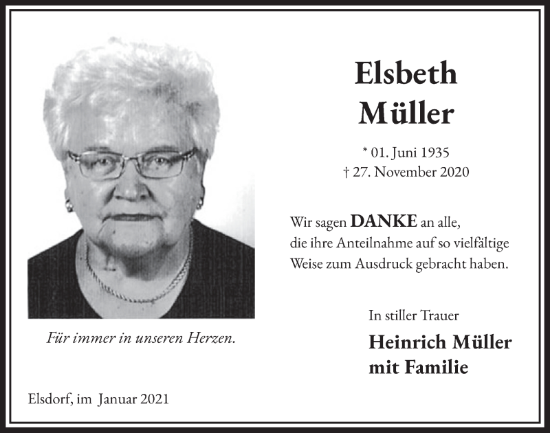  Traueranzeige für Elsbeth Müller vom 22.01.2021 aus  Werbepost 