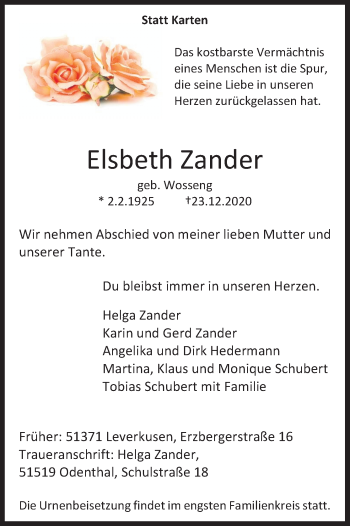 Anzeige von Elsbeth Zander von Kölner Stadt-Anzeiger / Kölnische Rundschau / Express