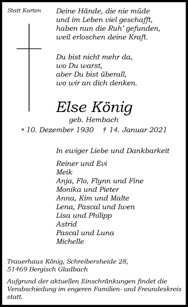  Traueranzeige für Else König vom 22.01.2021 aus  Bergisches Handelsblatt 