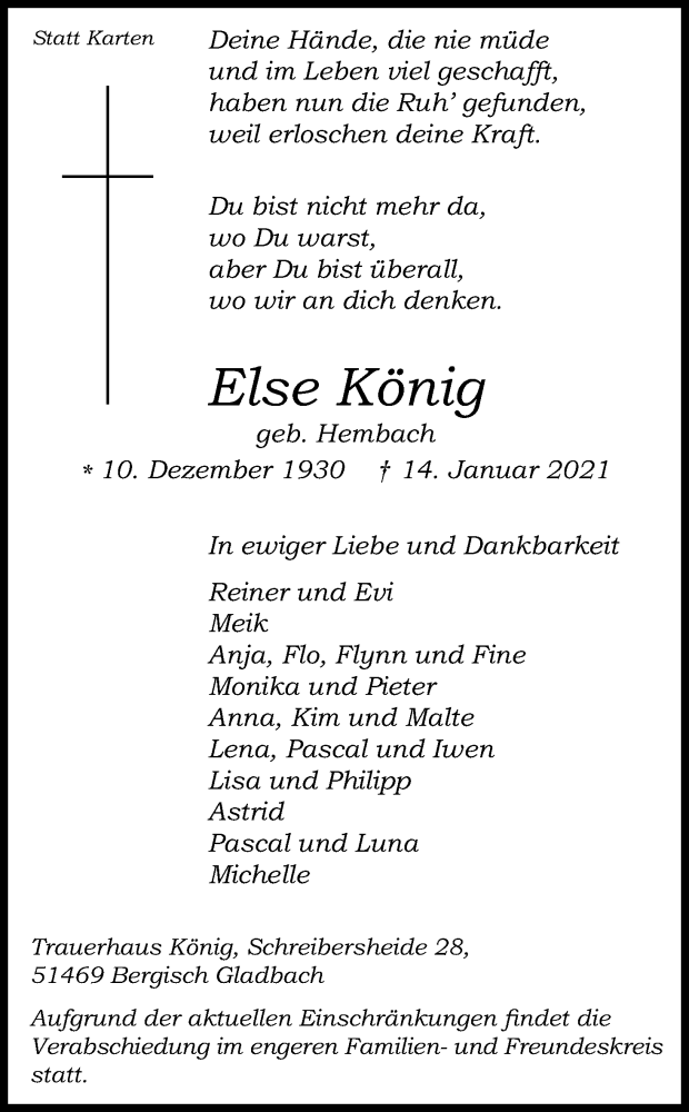  Traueranzeige für Else König vom 23.01.2021 aus Kölner Stadt-Anzeiger / Kölnische Rundschau / Express