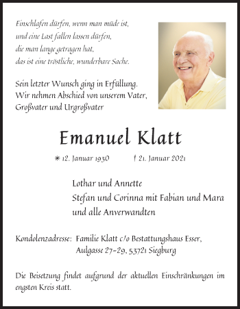 Anzeige von Emanuel Klatt von Kölner Stadt-Anzeiger / Kölnische Rundschau / Express