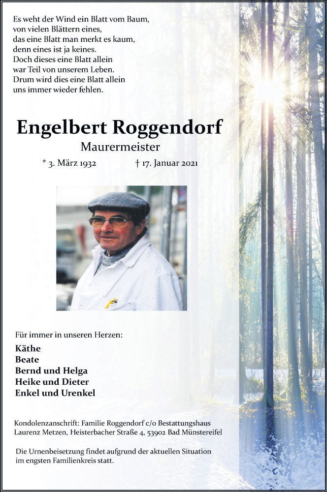  Traueranzeige für Engelbert Roggendorf vom 23.01.2021 aus  Blickpunkt Euskirchen 