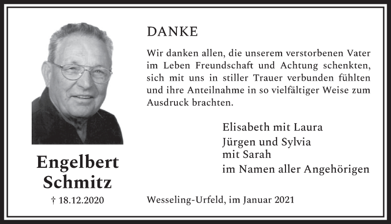  Traueranzeige für Engelbert Schmitz vom 29.01.2021 aus  Schlossbote/Werbekurier 