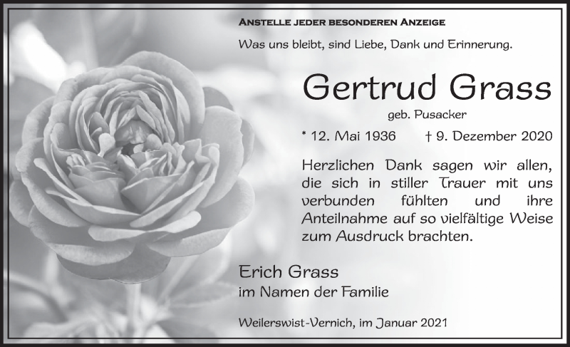  Traueranzeige für Erich Grass vom 16.01.2021 aus  Blickpunkt Euskirchen 