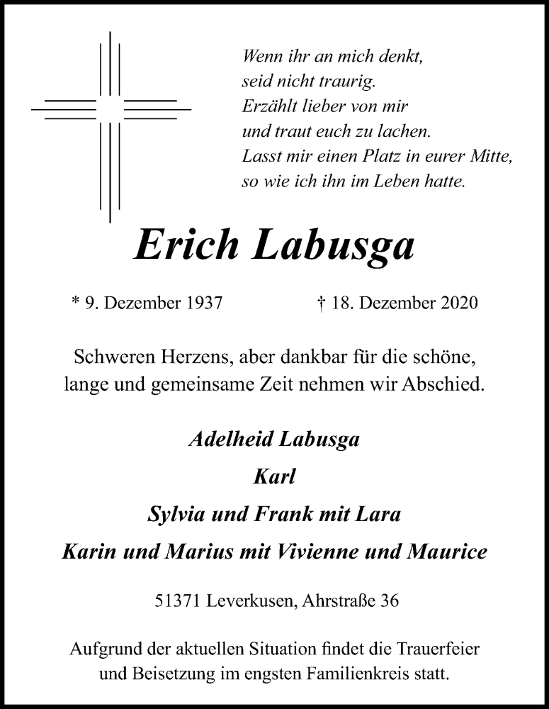  Traueranzeige für Erich Labusga vom 02.01.2021 aus Kölner Stadt-Anzeiger / Kölnische Rundschau / Express