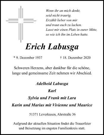 Anzeige von Erich Labusga von Kölner Stadt-Anzeiger / Kölnische Rundschau / Express
