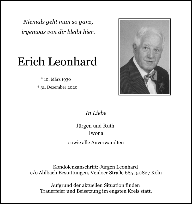  Traueranzeige für Erich Leonhard vom 09.01.2021 aus Kölner Stadt-Anzeiger / Kölnische Rundschau / Express