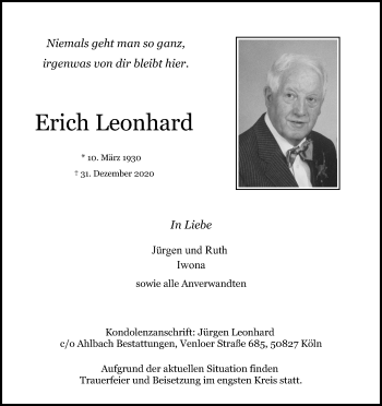 Anzeige von Erich Leonhard von Kölner Stadt-Anzeiger / Kölnische Rundschau / Express