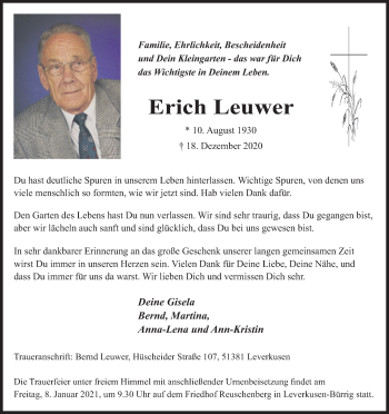 Anzeige von Erich Leuwer von Kölner Stadt-Anzeiger / Kölnische Rundschau / Express