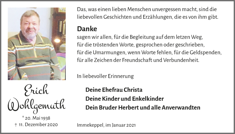  Traueranzeige für Erich Wohlgemuth vom 15.01.2021 aus  Bergisches Handelsblatt 