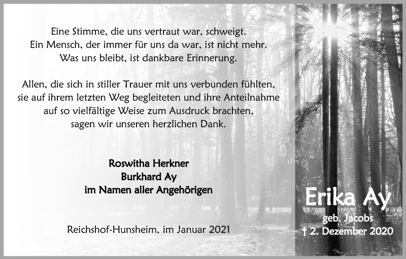  Traueranzeige für Erika Ay vom 16.01.2021 aus Kölner Stadt-Anzeiger / Kölnische Rundschau / Express