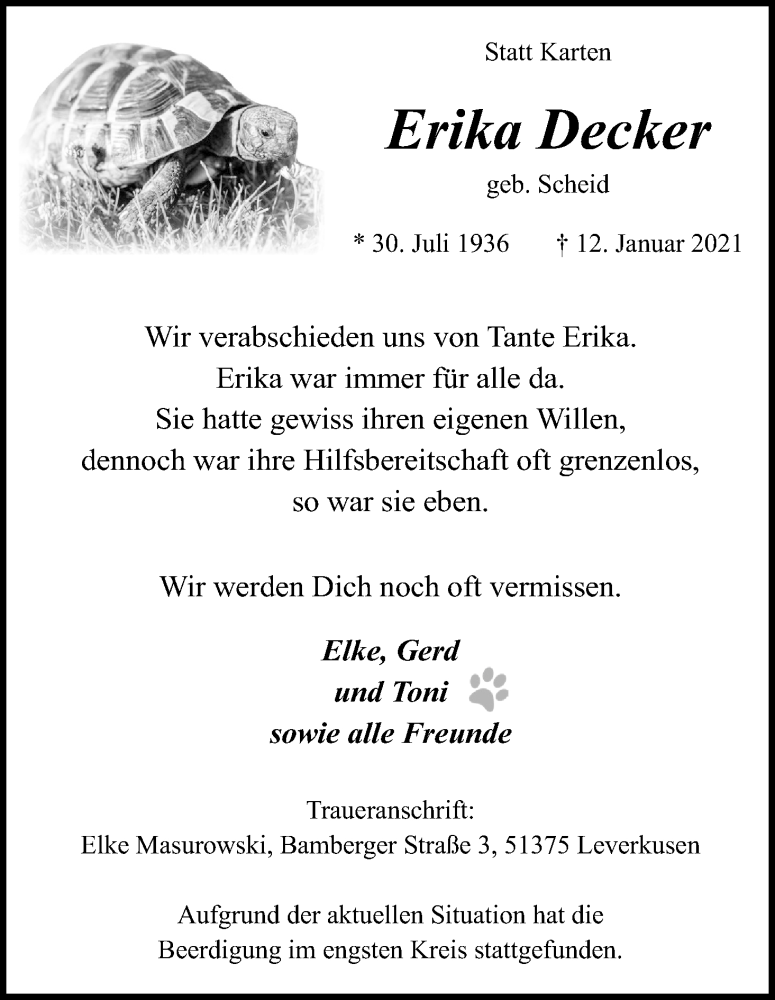  Traueranzeige für Erika Decker vom 23.01.2021 aus Kölner Stadt-Anzeiger / Kölnische Rundschau / Express