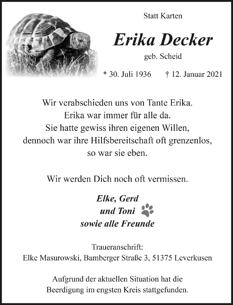  Traueranzeige für Erika Decker vom 22.01.2021 aus  Lokale Informationen 