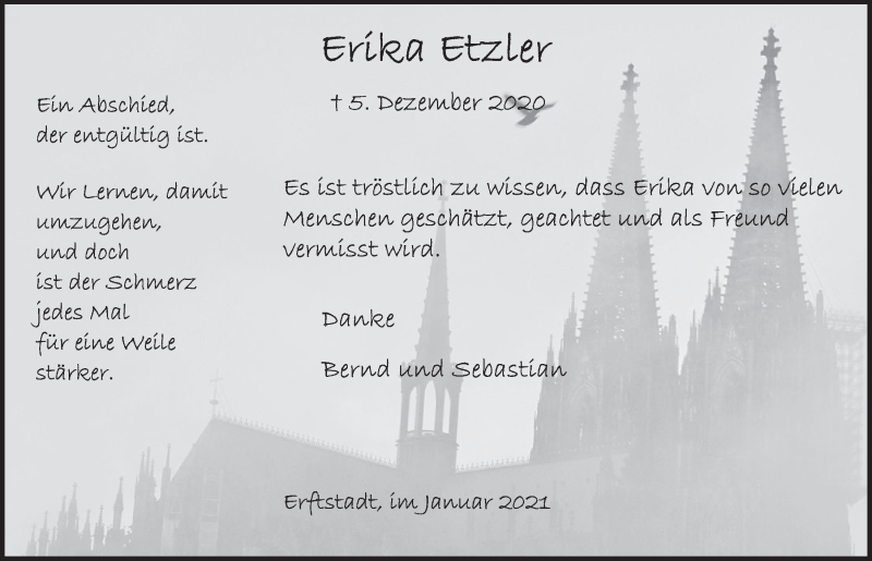  Traueranzeige für Erika Etzler vom 15.01.2021 aus  Werbepost 