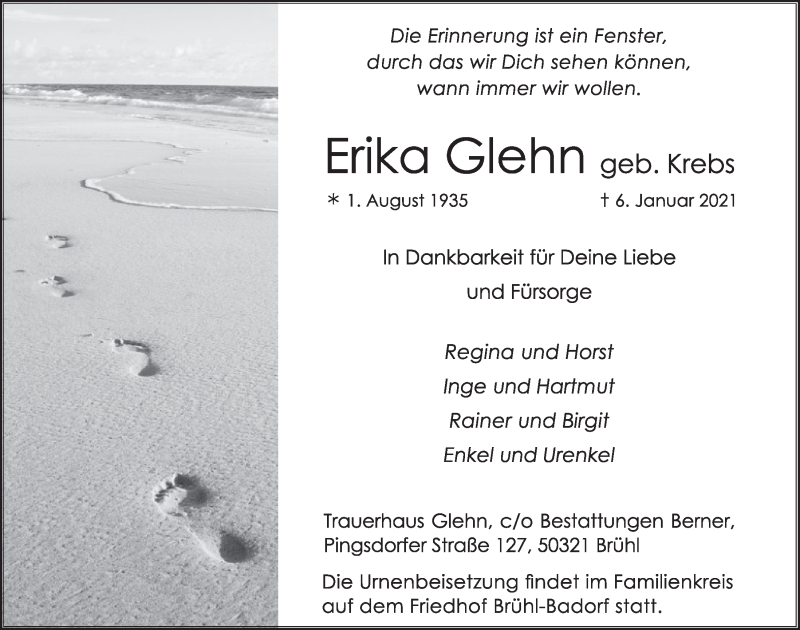  Traueranzeige für Erika Glehn vom 15.01.2021 aus  Schlossbote/Werbekurier 