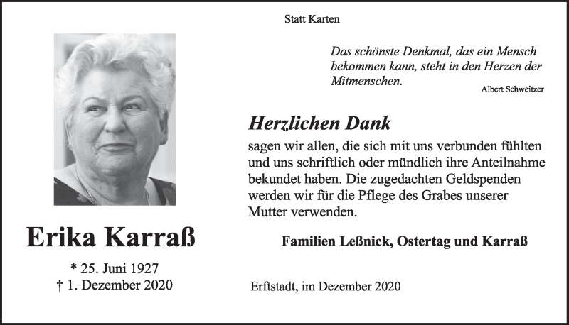  Traueranzeige für Erika Karraß vom 15.01.2021 aus  Werbepost 