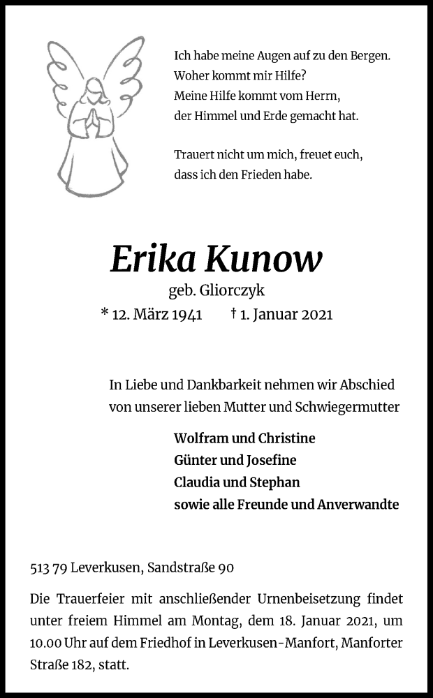  Traueranzeige für Erika Kunow vom 09.01.2021 aus Kölner Stadt-Anzeiger / Kölnische Rundschau / Express