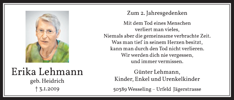  Traueranzeige für Erika Lehmann vom 02.01.2021 aus  Schlossbote/Werbekurier 