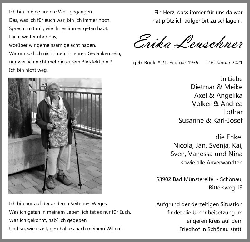  Traueranzeige für Erika Leuschner vom 23.01.2021 aus  Blickpunkt Euskirchen 
