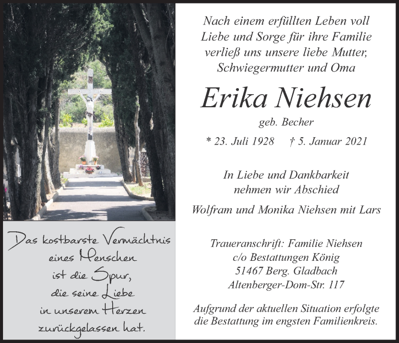  Traueranzeige für Erika Niehsen vom 16.01.2021 aus Kölner Stadt-Anzeiger / Kölnische Rundschau / Express