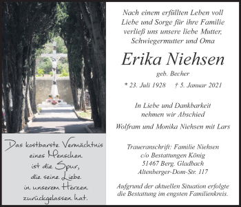 Anzeige von Erika Niehsen von Kölner Stadt-Anzeiger / Kölnische Rundschau / Express
