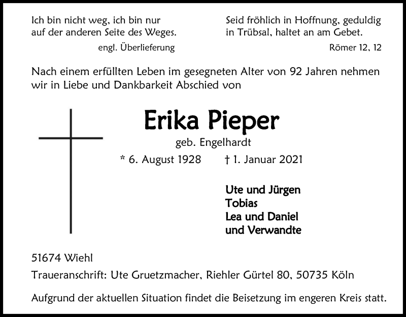  Traueranzeige für Erika Pieper vom 05.01.2021 aus Kölner Stadt-Anzeiger / Kölnische Rundschau / Express