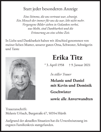 Anzeige von Erika Titz von  Wochenende 