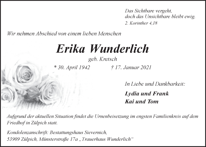  Traueranzeige für Erika Wunderlich vom 23.01.2021 aus  Blickpunkt Euskirchen 