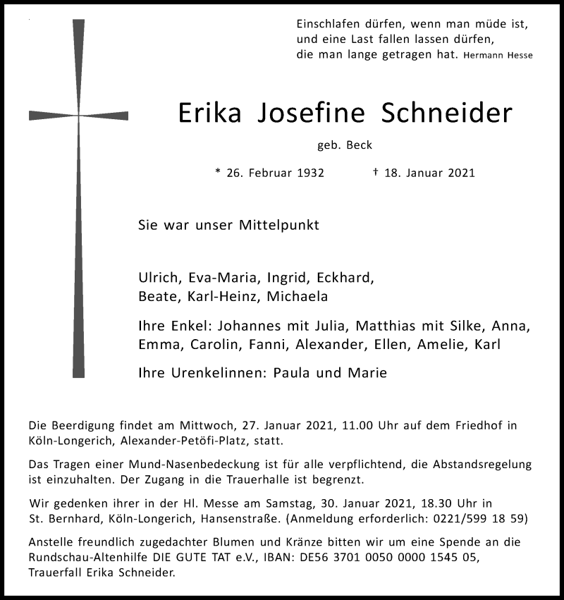  Traueranzeige für Erika Josefine Schneider vom 23.01.2021 aus Kölner Stadt-Anzeiger / Kölnische Rundschau / Express