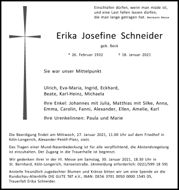 Anzeige von Erika Josefine Schneider von Kölner Stadt-Anzeiger / Kölnische Rundschau / Express