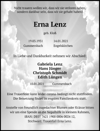 Anzeige von Erna Lenz von  Anzeigen Echo 