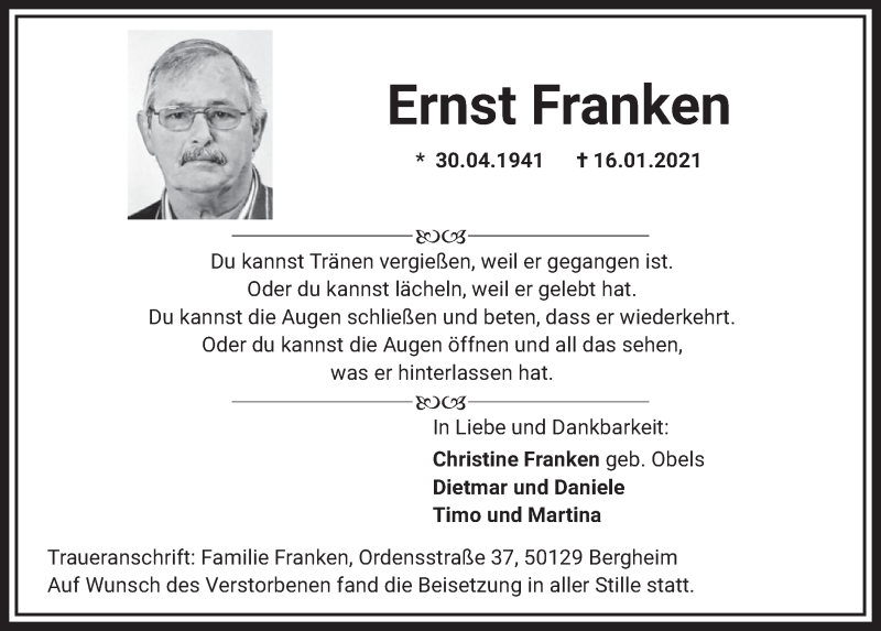  Traueranzeige für Ernst Franken vom 29.01.2021 aus  Werbepost 