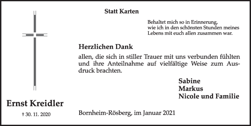  Traueranzeige für Ernst Kreidler vom 22.01.2021 aus  Schaufenster/Blickpunkt  Schlossbote/Werbekurier 
