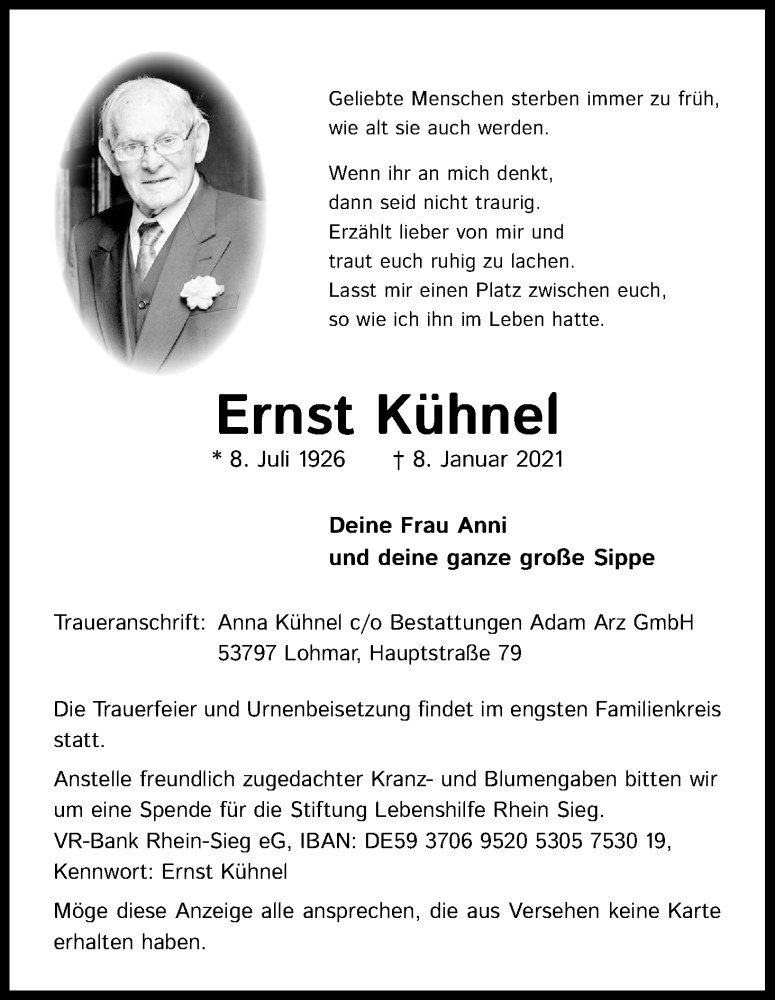  Traueranzeige für Ernst Kühnel vom 16.01.2021 aus Kölner Stadt-Anzeiger / Kölnische Rundschau / Express