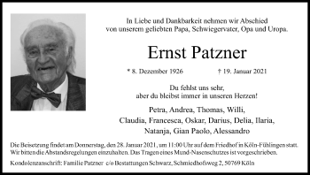 Anzeige von Ernst Patzner von Kölner Stadt-Anzeiger / Kölnische Rundschau / Express