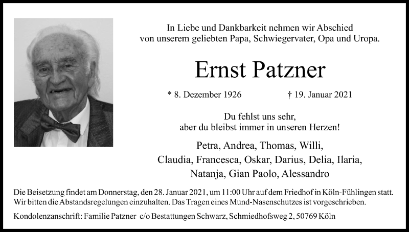  Traueranzeige für Ernst Patzner vom 23.01.2021 aus Kölner Stadt-Anzeiger / Kölnische Rundschau / Express