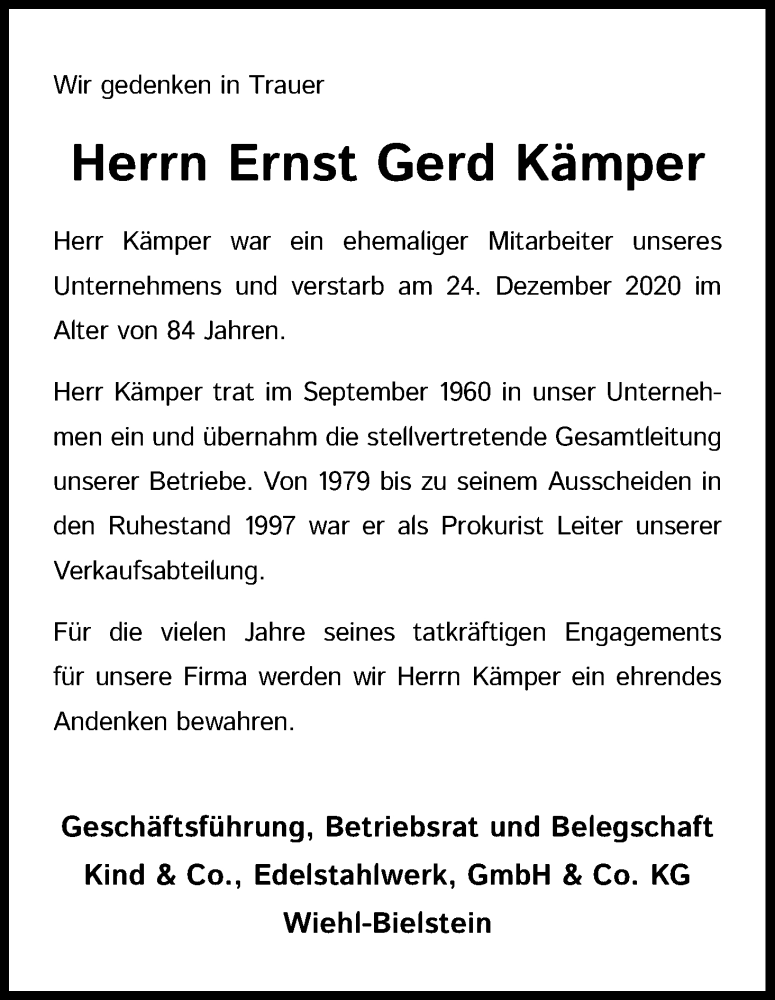  Traueranzeige für Ernst Gerd Kämper vom 09.01.2021 aus Kölner Stadt-Anzeiger / Kölnische Rundschau / Express