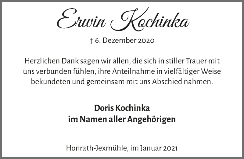  Traueranzeige für Erwin Kochinka vom 22.01.2021 aus  Extra Blatt 
