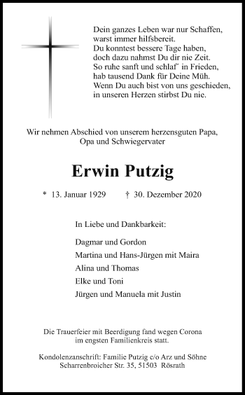 Anzeige von Erwin Putzig von Kölner Stadt-Anzeiger / Kölnische Rundschau / Express