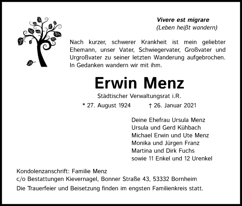  Traueranzeige für Erwm Menz vom 01.02.2021 aus Kölner Stadt-Anzeiger / Kölnische Rundschau / Express