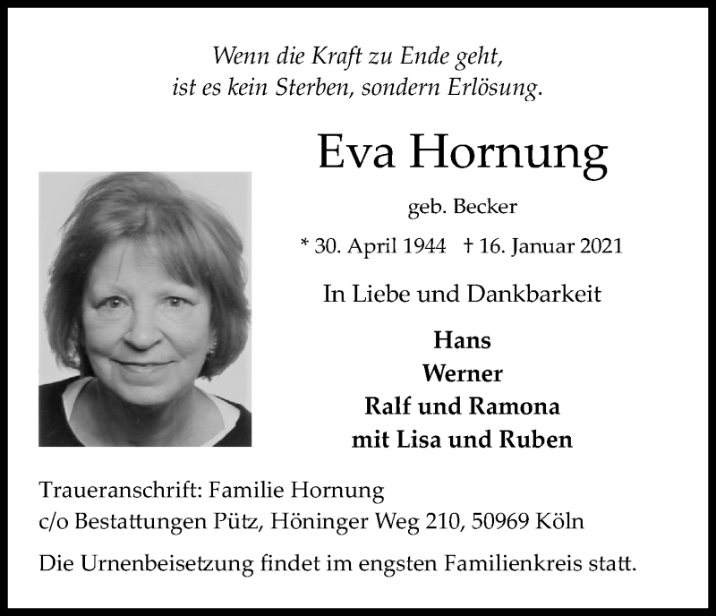  Traueranzeige für Eva Hornung vom 30.01.2021 aus Kölner Stadt-Anzeiger / Kölnische Rundschau / Express