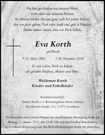 Anzeige von Eva Korth von Kölner Stadt-Anzeiger / Kölnische Rundschau / Express