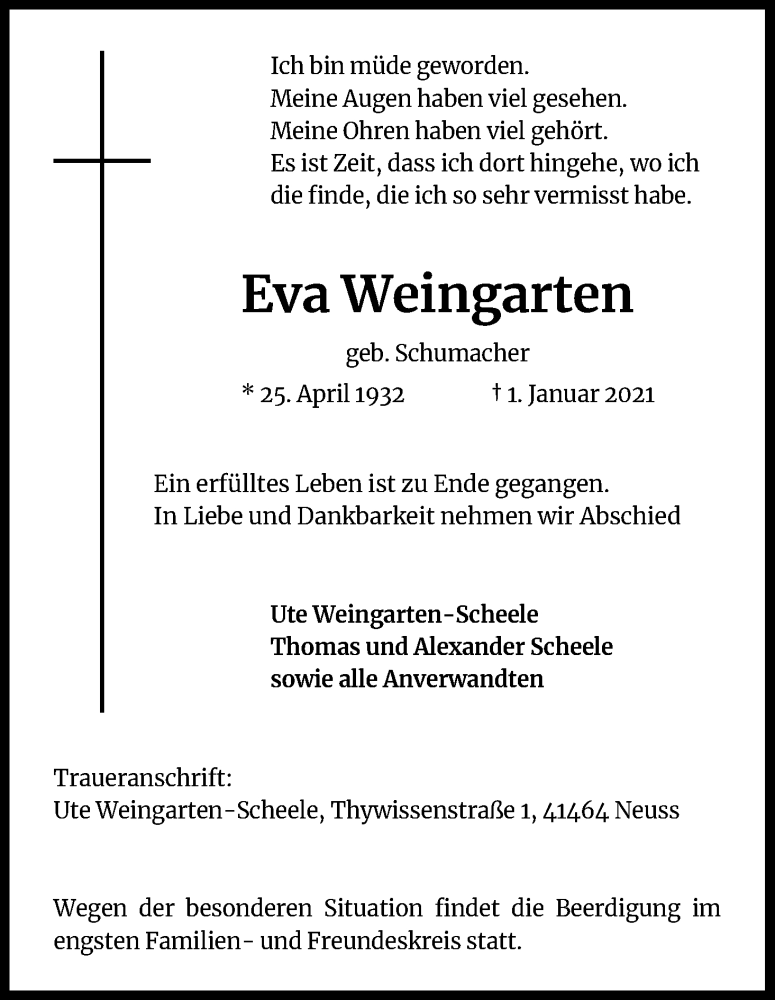  Traueranzeige für Eva Weingarten vom 06.01.2021 aus Kölner Stadt-Anzeiger / Kölnische Rundschau / Express