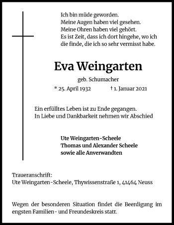 Anzeige von Eva Weingarten von Kölner Stadt-Anzeiger / Kölnische Rundschau / Express