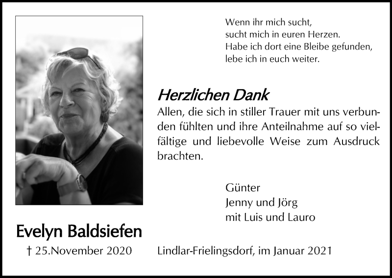  Traueranzeige für Evelyn Baldsiefen vom 16.01.2021 aus Kölner Stadt-Anzeiger / Kölnische Rundschau / Express