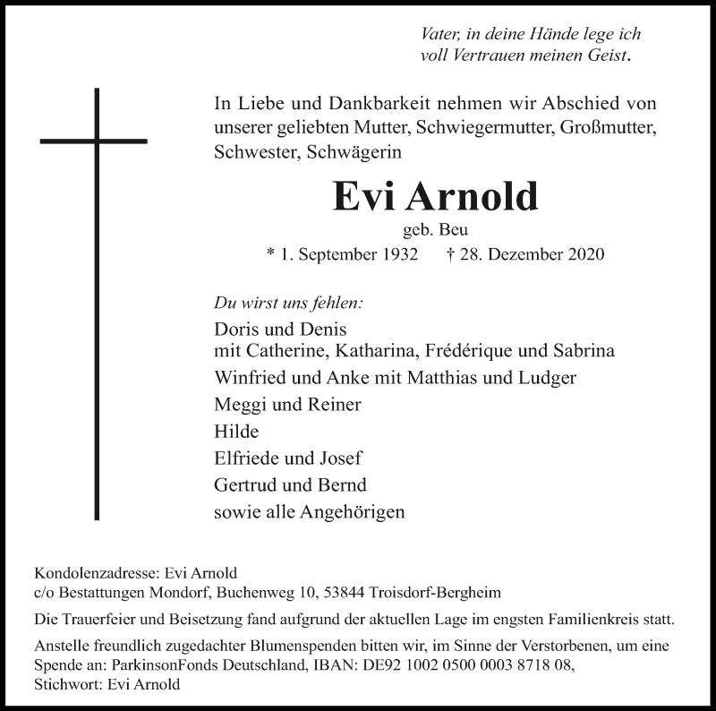  Traueranzeige für Evi Arnold vom 09.01.2021 aus Kölner Stadt-Anzeiger / Kölnische Rundschau / Express