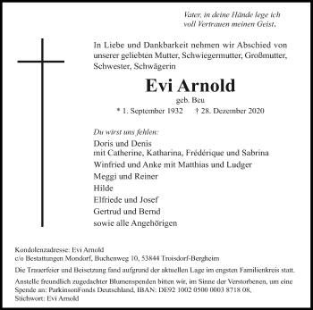 Anzeige von Evi Arnold von Kölner Stadt-Anzeiger / Kölnische Rundschau / Express