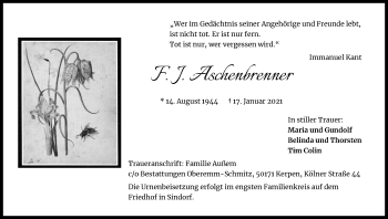 Anzeige von F. J. Aschenbrenner von Kölner Stadt-Anzeiger / Kölnische Rundschau / Express