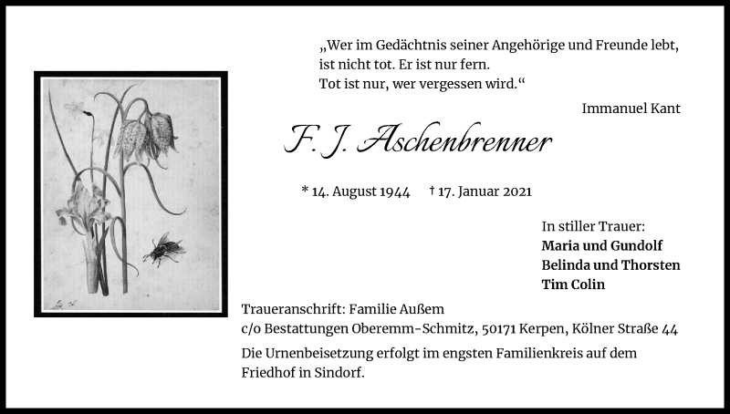  Traueranzeige für F. J. Aschenbrenner vom 30.01.2021 aus Kölner Stadt-Anzeiger / Kölnische Rundschau / Express