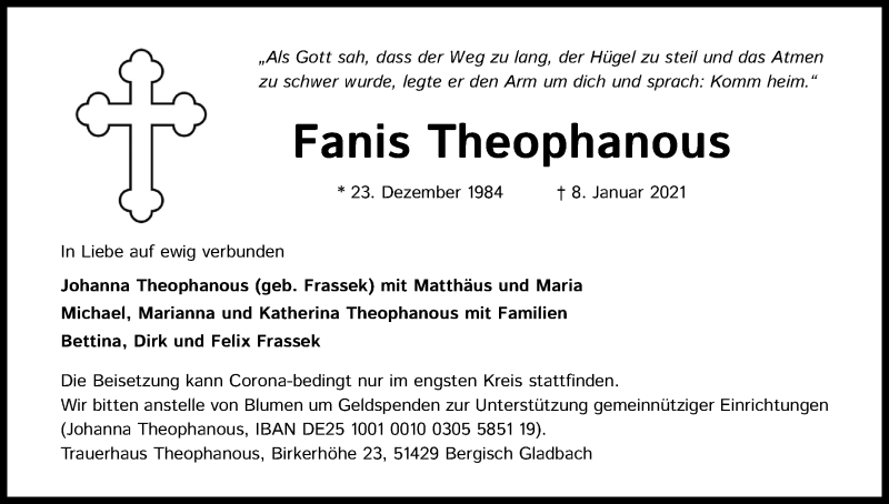  Traueranzeige für Fanis Theophanous vom 13.01.2021 aus Kölner Stadt-Anzeiger / Kölnische Rundschau / Express